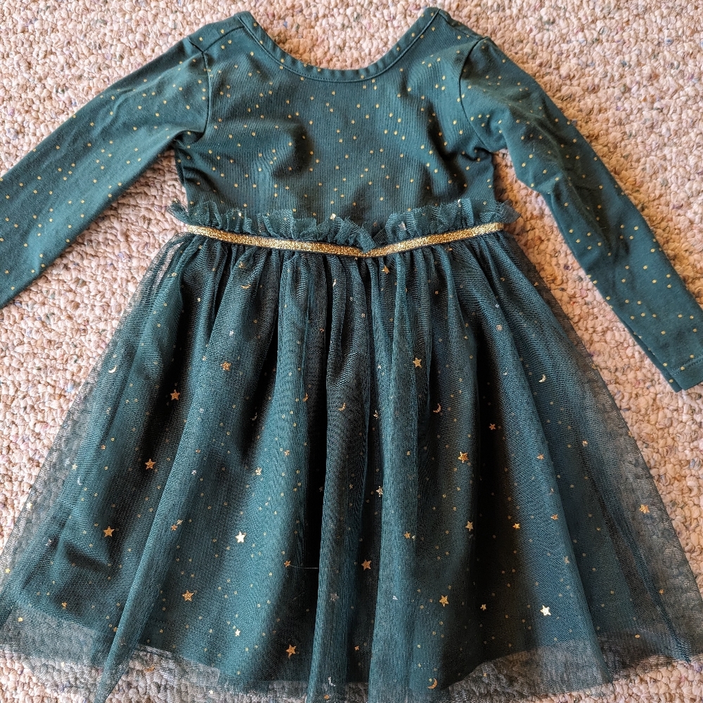 Hanna Andersson 2T skater dress, forest green with gold accents and tulle skirt